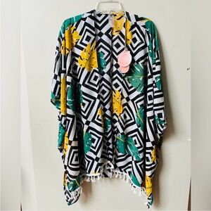 As Rose Rich Tropical Leaf Kimono Wrap Cover Up Womens Large Black White NWT